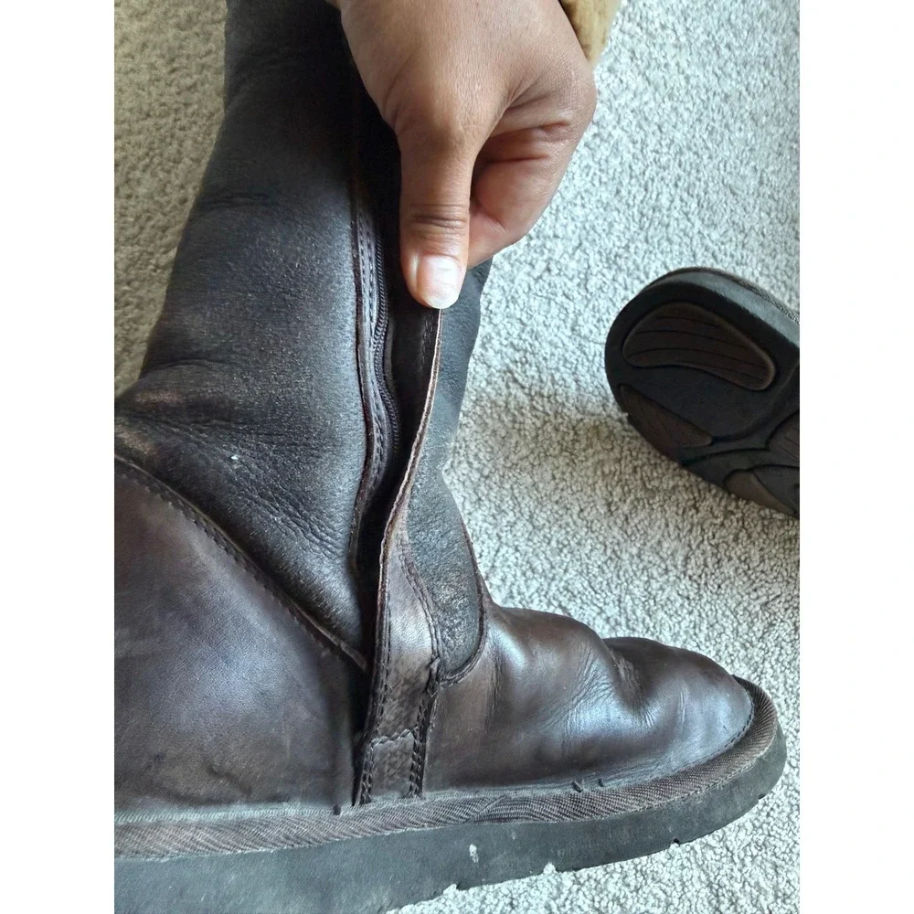 UGG Australia Women's Leather Tall Shearling Lined Winter Boots Brown SZ 12